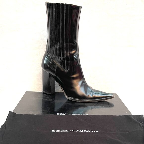 Auc Dolce&Gabbana pointed toe elasticized gores chunky heel smooth leather boots - Picture 12 of 13